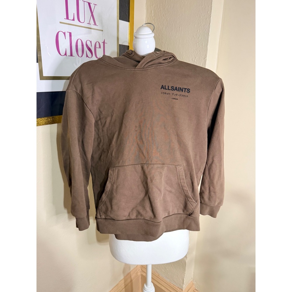 AllSaints Underground Hoodie Brown Logo Graphic Pullover Sweatshirt‎ Mens Small